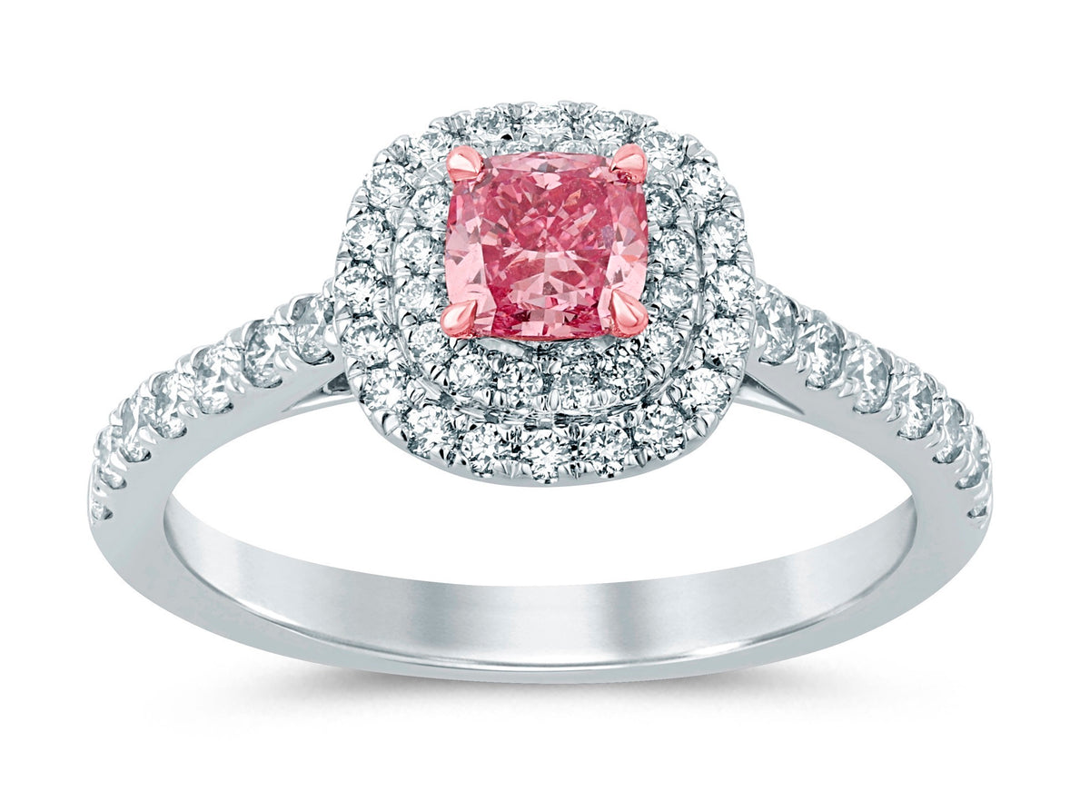 Cushion Pink Diamond Ring with Double Halo and Band Setting