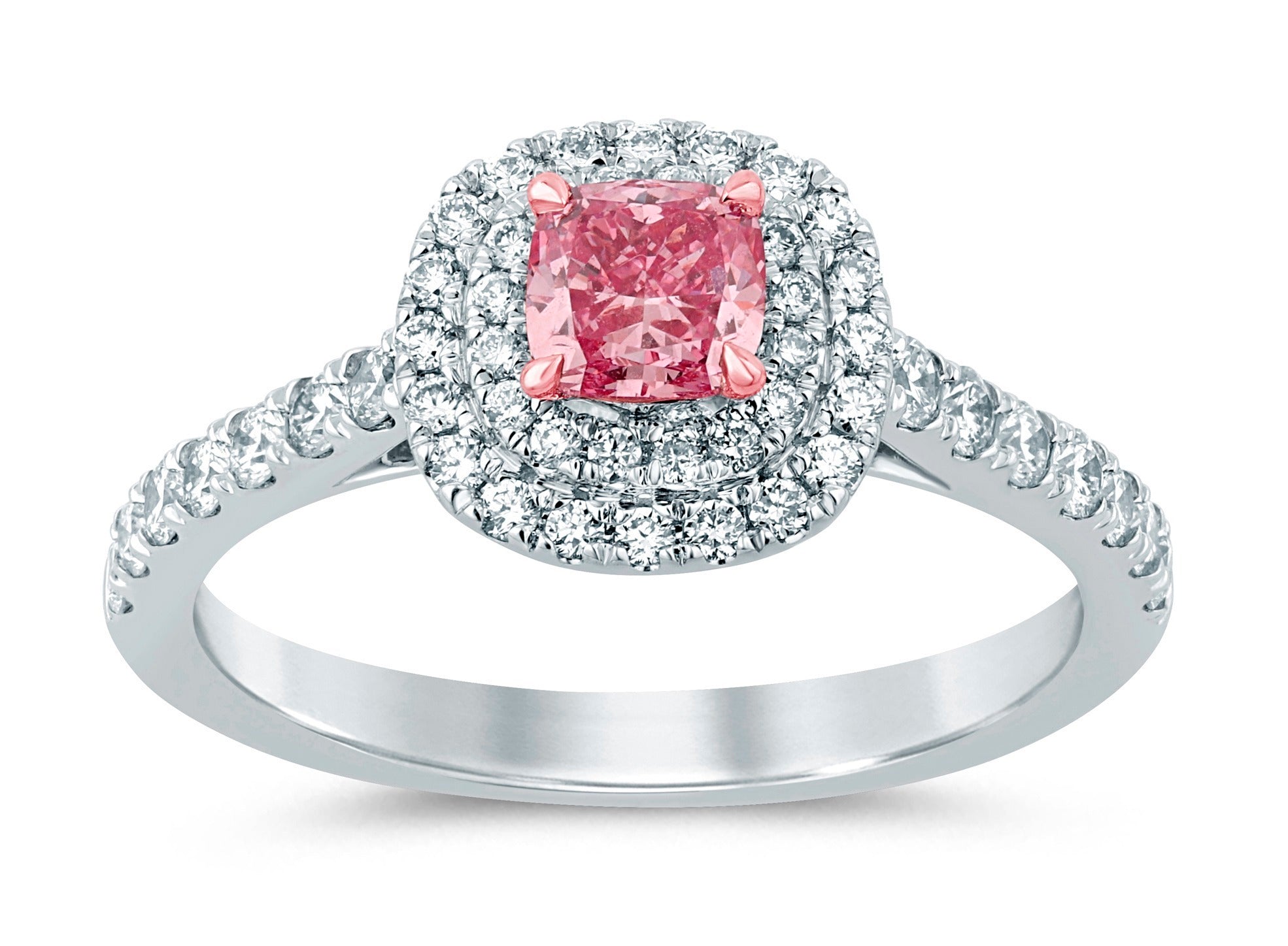 Cushion Pink Diamond Ring with Double Halo and Band Setting