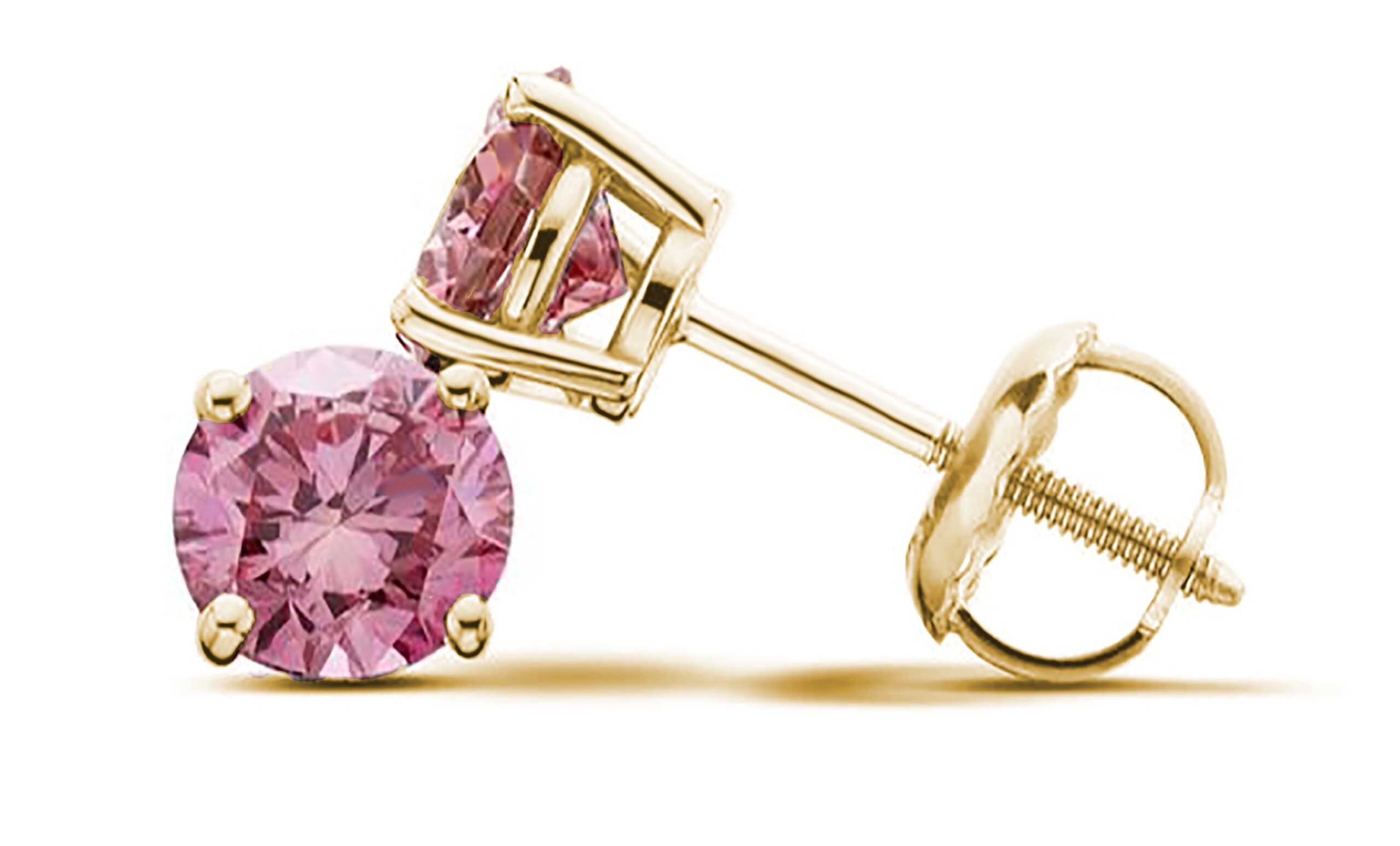 Round Pink Diamond Solitaire Earrings in Yellow Gold