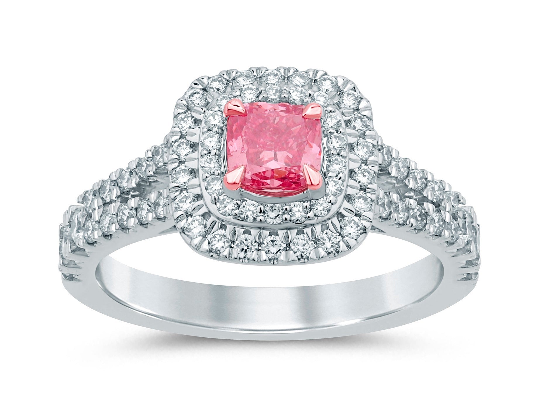 Cushion Pink Diamond Ring with Double Halo and Band Setting