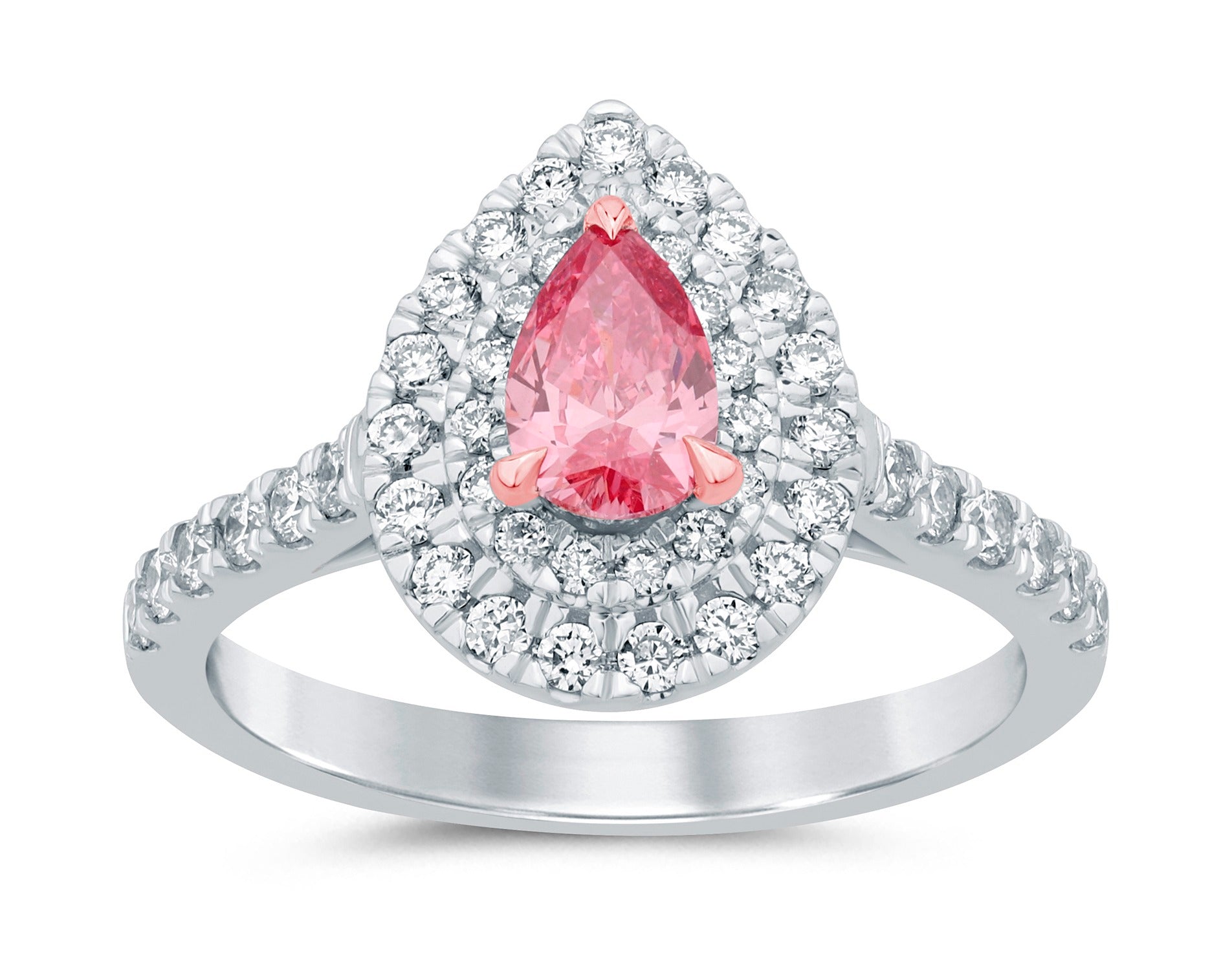 Pear Pink Diamond Ring with Double Halo and Single Band Setting