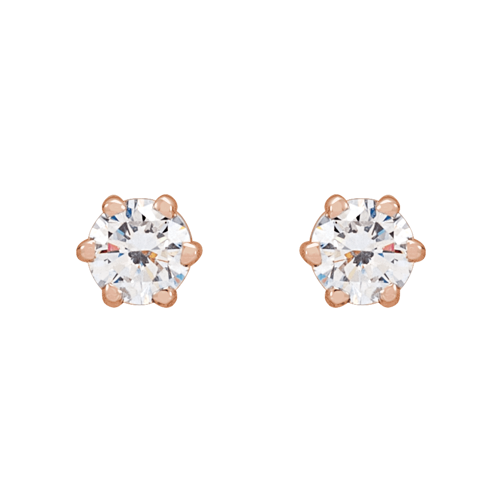 Pair of rose gold stud earrings with clear gemstones on a white background