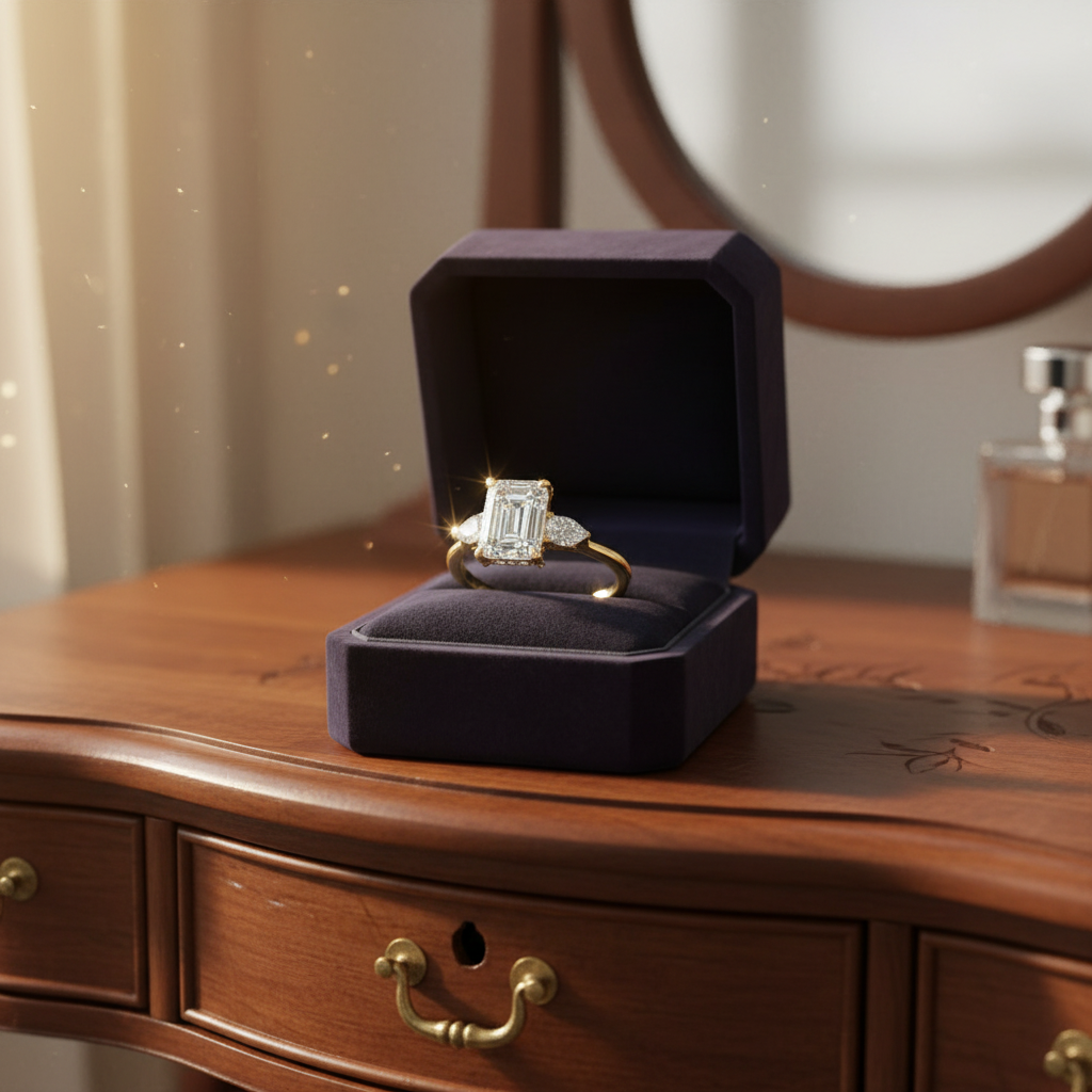 Emerald Solitaire Hidden Halo Ring - Exquisite Brilliance