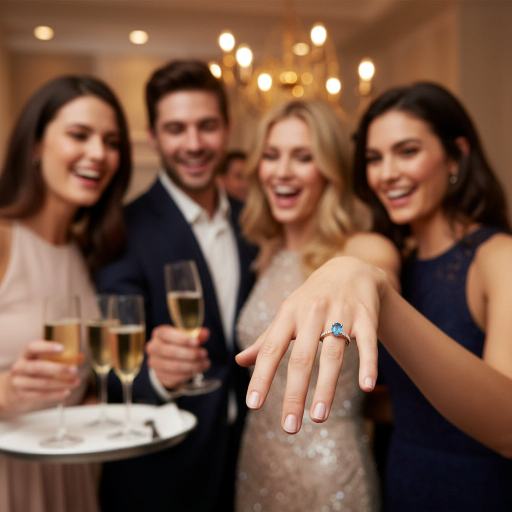 Rose gold ring with a blue gemstone and smaller diamonds on a white background